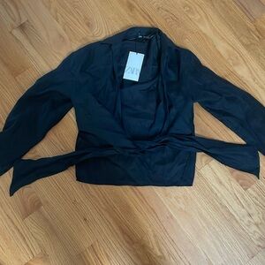Zara Black Wrap-Front Long Sleeve Blouse with Self-Tie